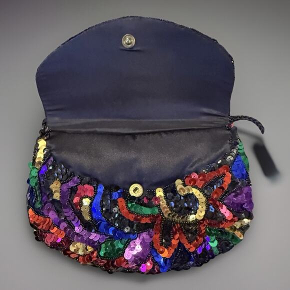 Vintage Multicolor Sequin Clutch Purse 8” Evening Bag Black Cord Strap Preowned - Picture 4 of 8
